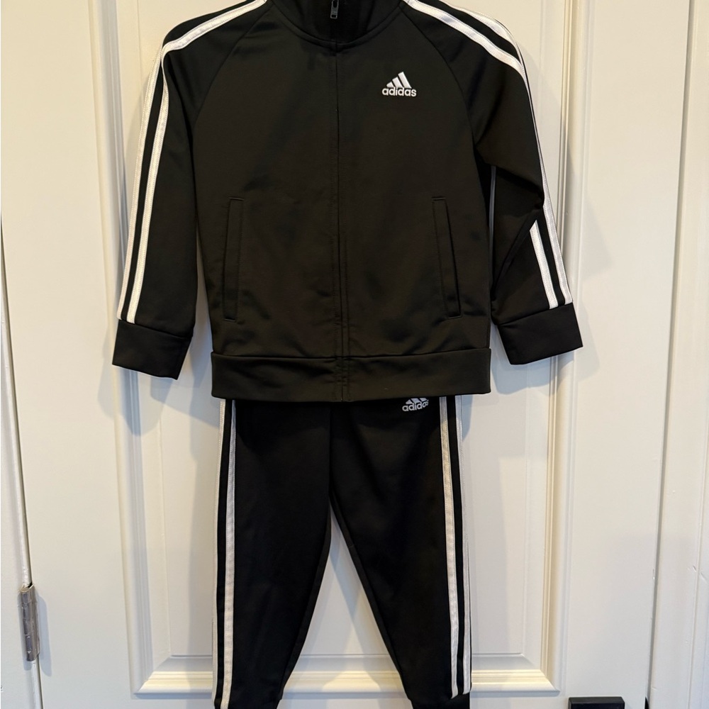 Adidas Black Tracksuit with White Stripes size 4